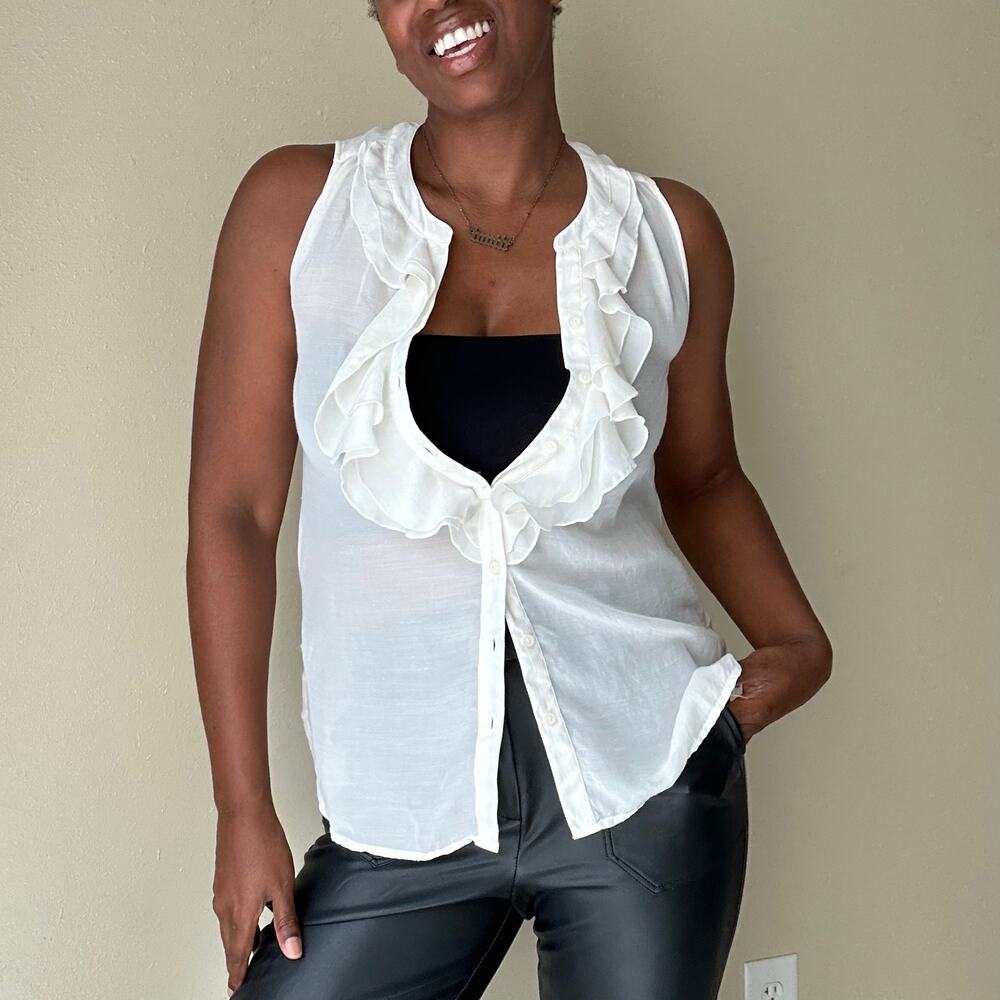Ann Taylor Loft White Ruffle Button Down Tank Top Size Small
